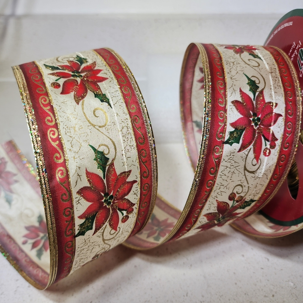 Vintage Wired Green, Red, and Gold Glitter Holiday Ribbon 55x2.5. New With Tags